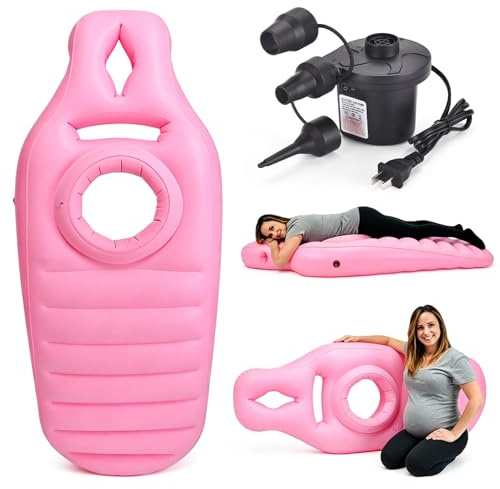 Uppblåsbar graviditetskudde, luftmadrass för gravida kvinnor, magkudde för gravida kvinnor, graviditetskudde, flockad PVC graviditetskudde för att lindra rygg och mage, med pump (rosa)