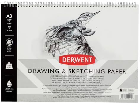 Derwent Album da Disegno con Copertina Rigida in Formato A3 da 30 Fogli di Carta senza Acidi, Dorso Rilegato, Orientamento Verticale, ottimale per i Ritratti, Qualità Professionale