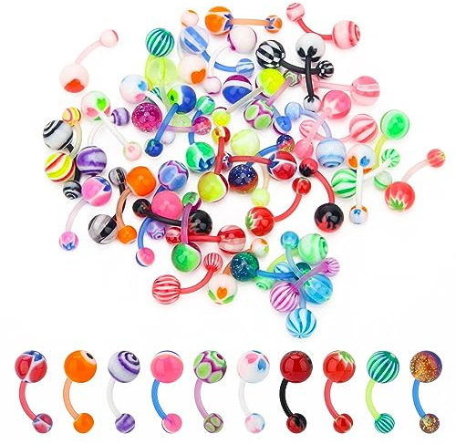CrazyPiercing Wholesale Lot of 50pcs Belly Navel Button Rings Bar Barbells Ball Acrylic Steel
