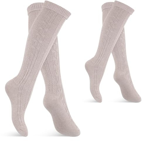 Celodoro Calze Tradizionali al Ginocchio per Donna e Uomo (2 Paia) Calzini Oktoberfest con Piega, beige., 39-42