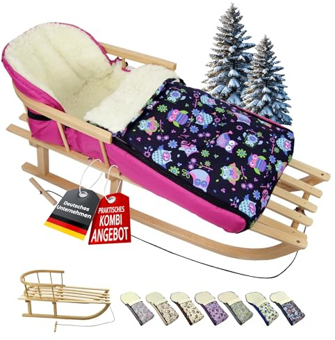 BAMBINIWELT KOMBI-erbjudande träsläde med ryggstöd och dragrep universell vinteråkpåse (108 cm), även lämplig för babystol, barnvagn, buggy, av ull i uggledesign (uggla $7)