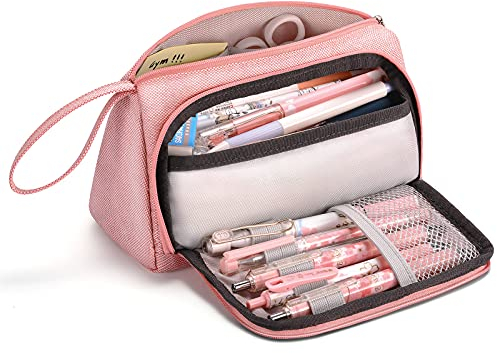 Mokani Large Pencil Case, Large Capacity School Organizer, College Office for Students Girls Boys Women, Pink, Modern