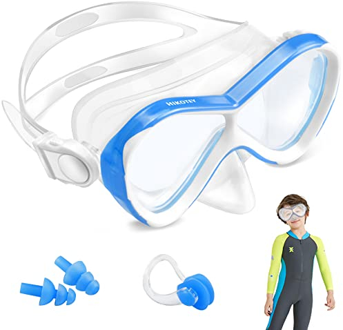 HIKOTEY Taucherbrille Kinder 4-16 Jahre, Schwimmbrille Kinder mit Nasenabdeckung, 180°Panorama HD Silikonband, Schnorchelset Kinder für Mädchen Jungen (Dunkelblau)