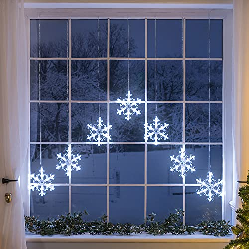 CHRISTOW Christmas Curtain Lights for Windows, 7 Snowflake String Light Decoration, 84 White LEDs, Indoor Outdoor Home Garden Xmas Lighting, Battery Operated with Timer Function (W84cm x H90cm)