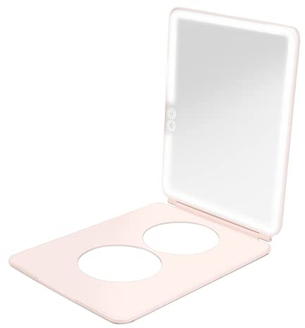 Vanity Planet Handheld Makeup Mirror with Lights, Pose 2.0 (Blush) - Light Up Travel LED Mirror with 3X & 5X Magnification - Dimmable Lighting & Micro-USB Rechargeable Lighted Compact Mirror