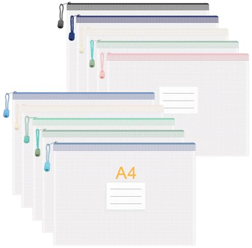 JIANTA 10 Stücke Dokumententasche A4 Mit Reißverschluss, Wasserdichte Beutel, Zipper Tasche für Datei, Papier, Quittungen, Kosmetika - 10 Farben