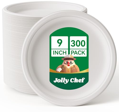 JOLLY CHEF Compostable Heavy Duty Plates 9 Inch [300 Pack] Eco-Friendly Disposable White Paper Plates Bagasse Biodegradable Sugarcane Bulk for Party Dinner Lunch Hot Cold Foods Christmas