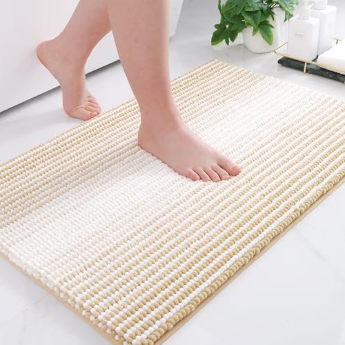 OLANLY Chenille Badezimmerteppich Weich Saugfähige Badematte rutschfest Badteppich Mikrofaser Badvorleger Waschbar Duschvorleger für Badezimmer - 40 x 60 cm, Beige