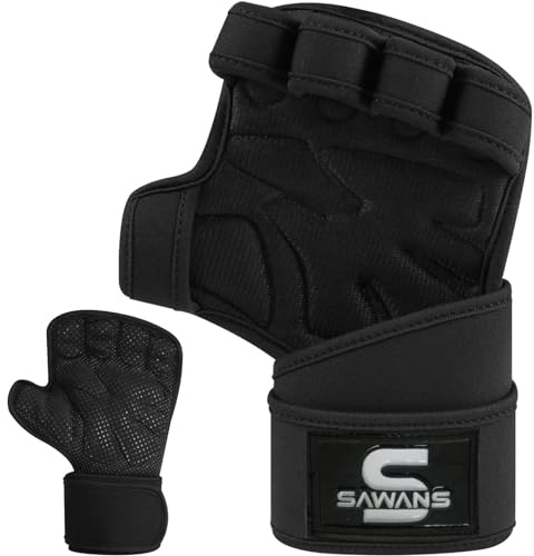 SAWANS Weight Lifting Gloves Padded Palm Protector Powerlifting Gym Gloves Men Women Wrist Support Exercise Fitness Workout Gloves Pull Ups Bodybuilding Essentials Hand Grip Training (Black, XL)