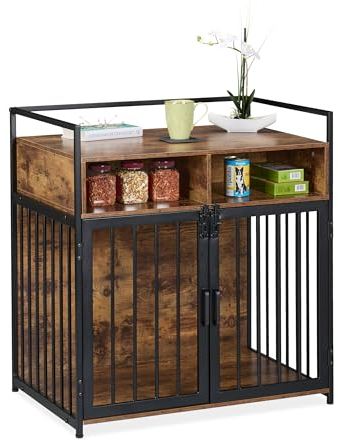 Relaxdays Hundekäfig im Möbelstil, HBT: 85x80x54 cm, Hundebox mit Ablage, 2 Türen, Hundeschrank Holzoptik, braun-schwarz