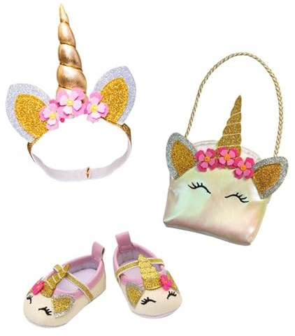 Heless 2311 - Puppenzubehör im Design Glitzer-Einhorn, 3-teiliges Accessoire Set mit Ballerinas, Tasche und Haarband für Puppen und Kuscheltiere der Größe 30 - 34 cm