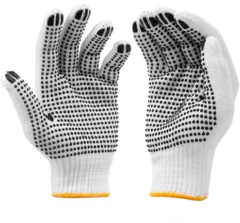 COOHORN 12Pairs Safety Work Gloves Stretchy Cotton Blends Glove for Dry Hand - Men Women Anti-slip Dots Knit Gloves Moist Breathable Gloves for Garage Warehouse Garden BBQ Construction, Large