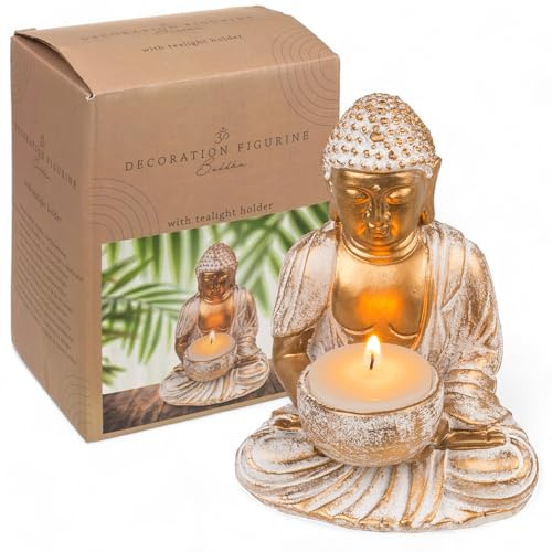 MIJOMA Figura decorativa de Buda, oro y blanco, aspecto vintage, polirresina, 14-34 cm de altura, opcional, con portavelas, calma espiritual y elegancia (10 x 8,5 x 14 cm con portavelas)