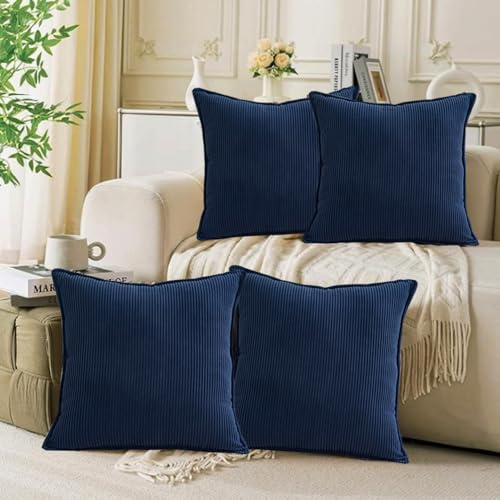 Navy cushions 45 x 45cm set of 4 corduroy Cushion Square Striped plush Throw Pillow Case navy blue Cushion Covers for Living Room Sofa Bed Bedroom Home Decor Garden ornament Cushion Couch pillowcase