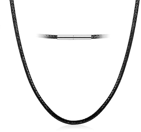 Chaîne Collier Homme Noir Cordon de Cire Imperméable, 1.5/2/3/4mm Chaîne en cuir véritable Noire Épaisseur avec fermoir mousqueton en acier inoxydable - Longueur 46-66cm (Noir-1.5mm, 51cm)