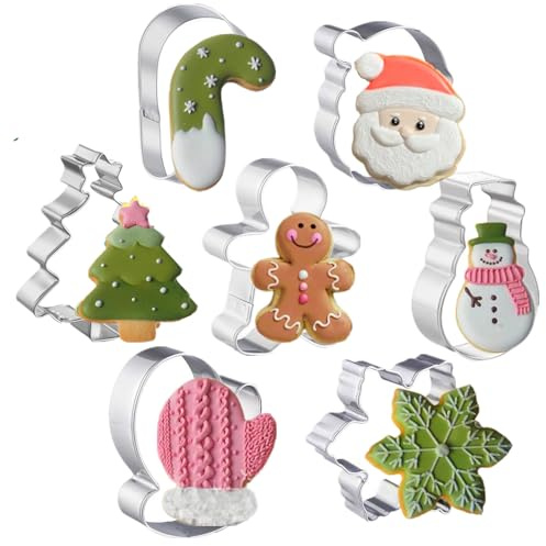 7 Pcs Christmas Cookie Cutters Set, Holiday Cookie Cutter Shapes,Stainless Steel Snowman,Christmas Tree,Gingerbread Man,Candy Cane,Snowflake,Santa Face, Winter Gloves Cookies Mold