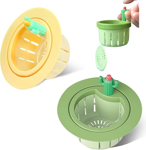 2 coladores de drenaje para fregadero de cocina de cactus para 7.6 cm a 10.8 cm de diámetro, filtro de drenaje de alimentos con junta, cesta de descarga automática (amarillo y verde)