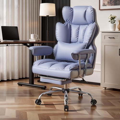 Efomao Desk Office Chair, Big and Tall PU Leather Ergonomic Office Chair, 200KG Adjustable High Back Computer Chair,Executive Swivel Chair with Footrest and Lumbar Support, Light Purple