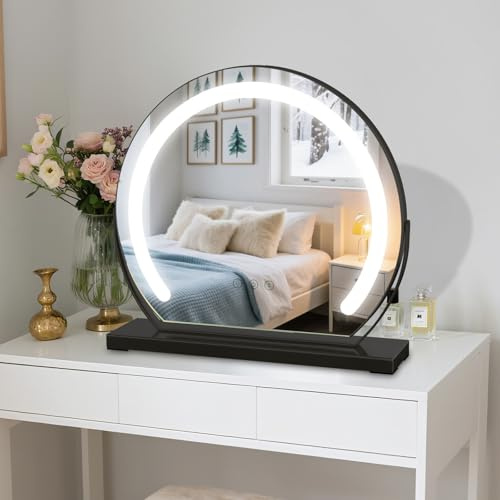 TYhogar Sminkspegel med belysning 40 x 40 cm vridbar sminkspegel i svart med 9 W LED, 3 knappar touch och steglös dimning – modern bordsspegel för smink, badrum och hemmakontor
