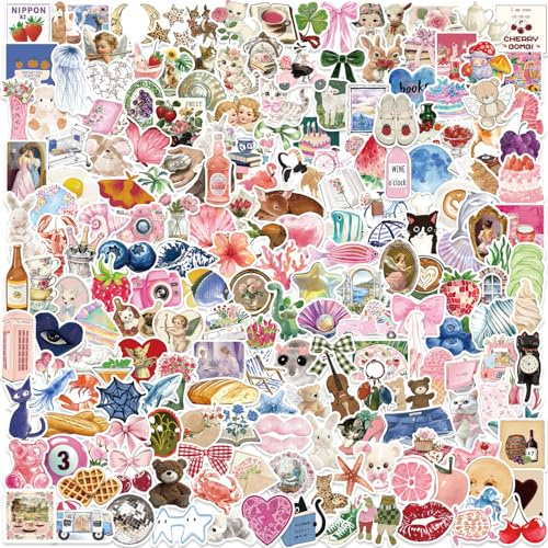 200PCS Adesivi Estetici Rosa, Confezione di Adesivi Impermeabili in Vinile Coquette per Bagaglio, Scrapbook, Chitarra, Bottiglia d'acqua, Regalo per Adolescenti, Bambini e Bambine
