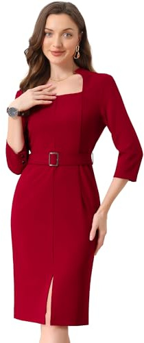 Allegra K Vestido Tubo para Mujer, Estilo Retro, con Abertura y cinturón, Manga 3/4, para negociosRojo L