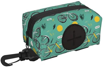 Dog Poop Bag Holder for Leash - Soft Lightweight Modern Bicycle Print Dog Poop Waste Bag Rolls Dispenser, Hook and Loop Fastening Dogs Walking Accessories with Zipper and Carabiner