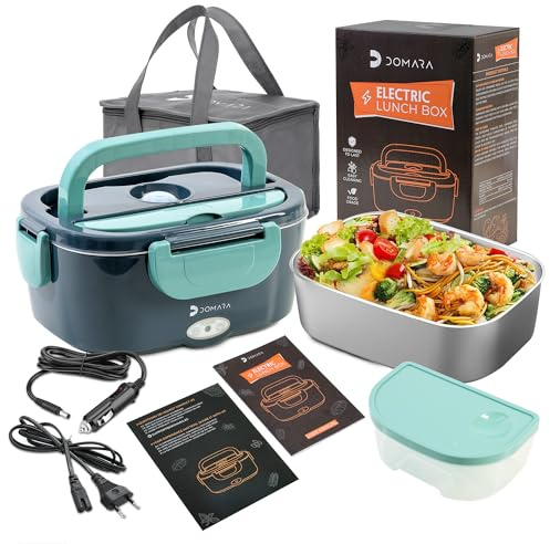 DOMARA Fiambrera Electrica 3 en 1 80W y 1,5L – taper electrico para comida con recipiente de acero inoxidable y adaptador coche/camión (12V/24V/220V) – ideal para comer caliente en oficina o ruta