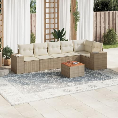Frdhee Juego de muebles de terraza, juego de muebles de balcón, 7 piezas, conjunto de sofá de jardín con cojines de ratán de poli beige, grupo de asientos para jardín, terraza y balcón, se puede