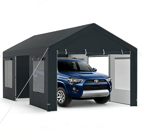 SOARS Tenda Garage Auto Esterno, Tettoia per Auto con Telaio in Metallo, Copertura in PE Resistente alle Intemperie, Capanno Giardino per Vehicolo, Bici, Moto, Attrezzi (Grigio, 305 x 586 x 280 cm)