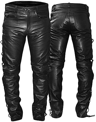 German Wear Lederhose lederjeans bikerjeans Büffelleder seitlich geschnürt Schwarz, Größe:50