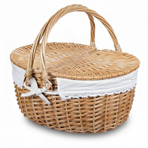 Wicker Picnic Basket with Lid and Handle 15 Sturdy Woven Body with Washable Lining for Easter,Mother's Day,Outdoor Camping,Not Dyed