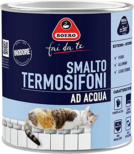 Boero Fai da Te, Smalto per Termosifoni ad Acqua, per Interno/Esterno, Applicabile su Ferro, Alluminio, Leghe Ferrose, Pronto all’uso, Latta da 0,5L, Colore Bianco