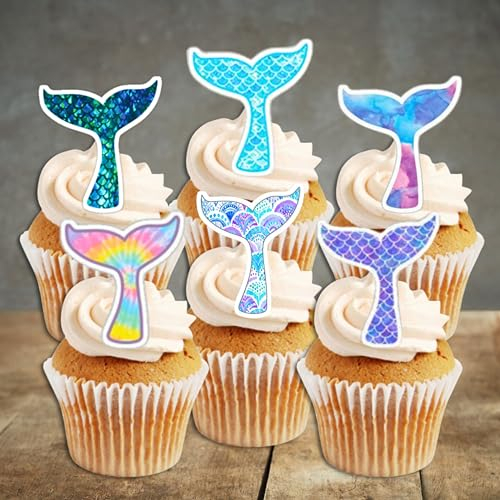 Mermaid Tail Edible Cupcake Toppers, Magical Under the Sea Cake Decorations for Birthdays, Ocean Party, Children’s Baking - Wafer Card – 12 x 5cm/2 Inch (UNCUT)