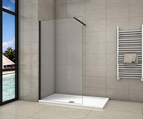 AICA Parete Doccia Walk-In 90x200cm con telaio nero opaco vetro temperato 8 mm easy clean con barra stabilizzatrice nero opaco regolabile 73-120cm