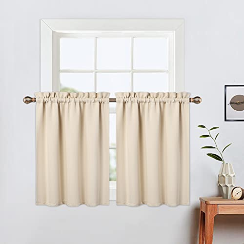 LinTimes Blackout Short Curtains 24 Inches Long for Bathroom Set 2 Panels Rod Pocket Cafe Tier Curtains Light Blocking Blackout Room Darkening Camper Curtains for Small Windows Kitchen Beige