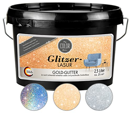 My COLOR Room Glitzer-Lasur (2500 ml, Gold) transparente Glitzer Wandfarbe für Wandgestaltung mit Glitzer-Effekt für Innenbereich, Dekorationslasur Made in Germany