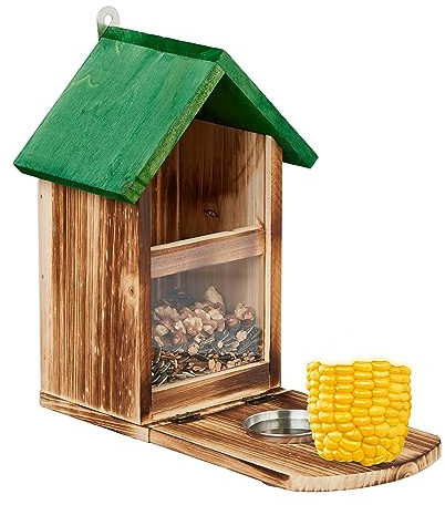 Relaxdays Eichhörnchen Futterhaus, Holz, Eichhörnchenfutterstation mit Maiskolbenhalter, Napf, Sitzplattform, Natur/grün, 1 Stück