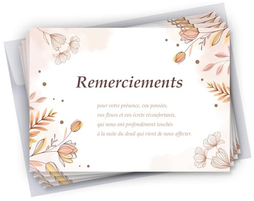 Lot de 25 Cartes de remerciements décès condoléances + 25 Enveloppes autocollantes • Visuel Simple • Format 10x15 cm • Cadeau Parfait