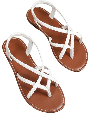 Verdusa Women's Flat Sandals Strappy Dressy Ankle Strap Casual Summer Thong Sandals for Beach White 8