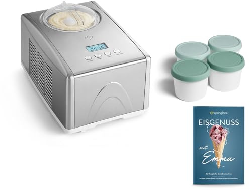 SPRINGLANE Glassmaskin Emma 1,5 l med självkylande kompressor 150 W, tillverkad av rostfritt stål med avtagbar isbehållare, inkl. receptbok (silver, emma silver 4 isbehållare mini 400 ml mynta)