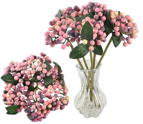 HAIOPS 6PCS Artificial Holly Stems Pink Fake Berry Branches 11.4 Inch for Home Wedding Window Decor