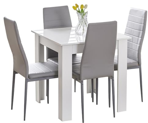 Rainbow Tree Modern 5 Piece Dining Room Table and Chairs Set, Wooden Square Table with 4 Chairs for Small Space Apartment Space Saving (White Table+4 Grey PU Chair)