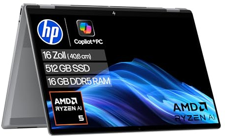 HP OmniBook X Flip 2in1 Next Gen AI Laptop | AMD Ryzen AI 5 340 (6C) | dedizierte NPU für KI | 50 NPU Tops | Copilot+ PC | 16 WUXGA 1920x1200 Touchscreen | 16GB | 512GB SSD | Win11 | QWERTZ | Silber