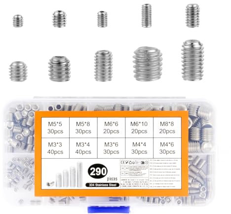290 PiècesVis Sans Tête, M3 M4 M5 M6 M8 Vis Poignée de Porte, Vis Poignées de Portes en Acier Inoxydable, Visserie Inox à Tête Hexagonale pour Visser Pointeau Poignées de Portes