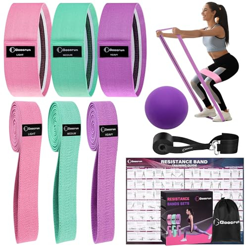 Goocrun Fabric Resistance Bands for Working Out, Belt with Multiple Resistance Levels. Great for HIPS, Thighs Exercises. 2.5 Fascia Ball and Door Anchor, with Training.Guide (Pink)(Green)(Purple)