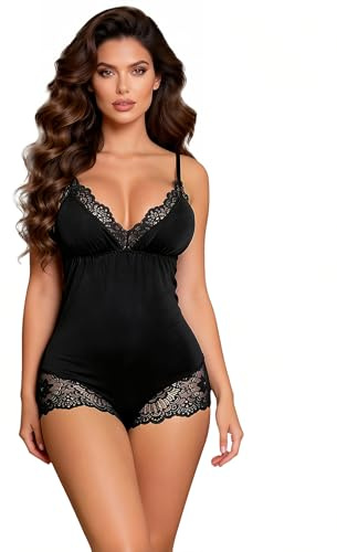 comeondear Body Mujer Modal Transpirable con Encaje Talla Grande | Pijama Sexy Cómodo con Tirantes Ajustables y Copas Extraíbles, Body de Dormir Ajustado con Corchetes en la Entrepierna