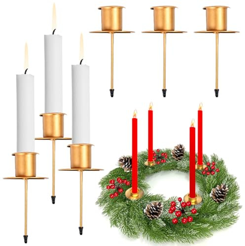 Byfoyif 6 Pcs Bougeoir Couronne de L'Avent φ 25 mm, Chandelier Couronne de l'Avent en Métal, Porte-Bougie avec Pique, Support Couronne de Noël Doré, pour Décoration Table à Manger Festival Mariage