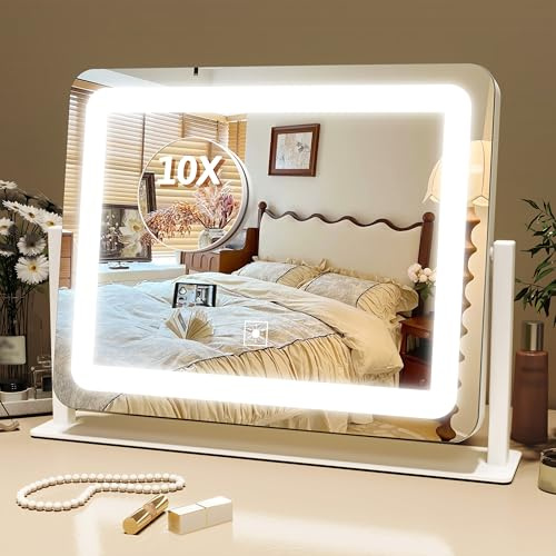 FENNIO Espejo de tocador con Luces, Espejo de Maquillaje Iluminado de 12 x 16 Pulgadas con Control táctil Inteligente, 3 Modos de Color y Brillo Ajustable, Espejo de Maquillaje LED con Aumento de 10X