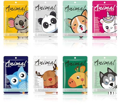 8 Piezas Mascarillas Faciales Animales con Estampados, Mascarilla Facial Hidratante, Regalo para Chicas y Mujeres, Mascarilla de Tela Suave para el Cuidado Diario de la Piel