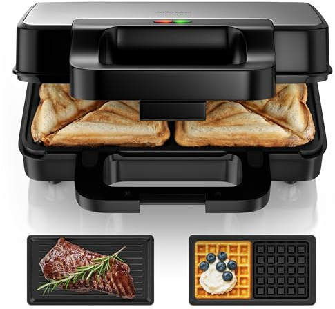 Arendo - Kontaktgrill 3 in 1 - mit Wechselplatten - Sandwichmaker – Waffeleisen – Sandwichmakler XXL - Antihaftbeschichtung – für Sandwiches, belgische Waffeln, Grillgut uvm - klein und kompakt